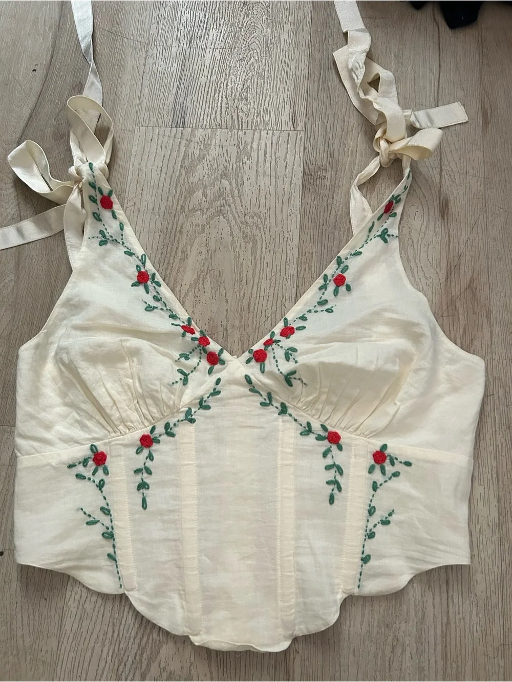 LPA White Embroidered V-Neck Corset Camisole with Red & Green Floral Detail - Picture 2 of 7